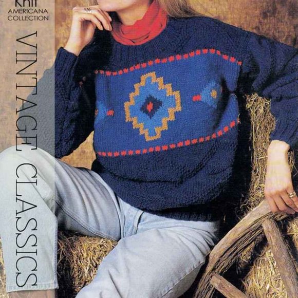 Handmade Sweaters - Vintage 90's Chunky Knit Americana Denim Western Mesa Santa Fe Pullover Sweater